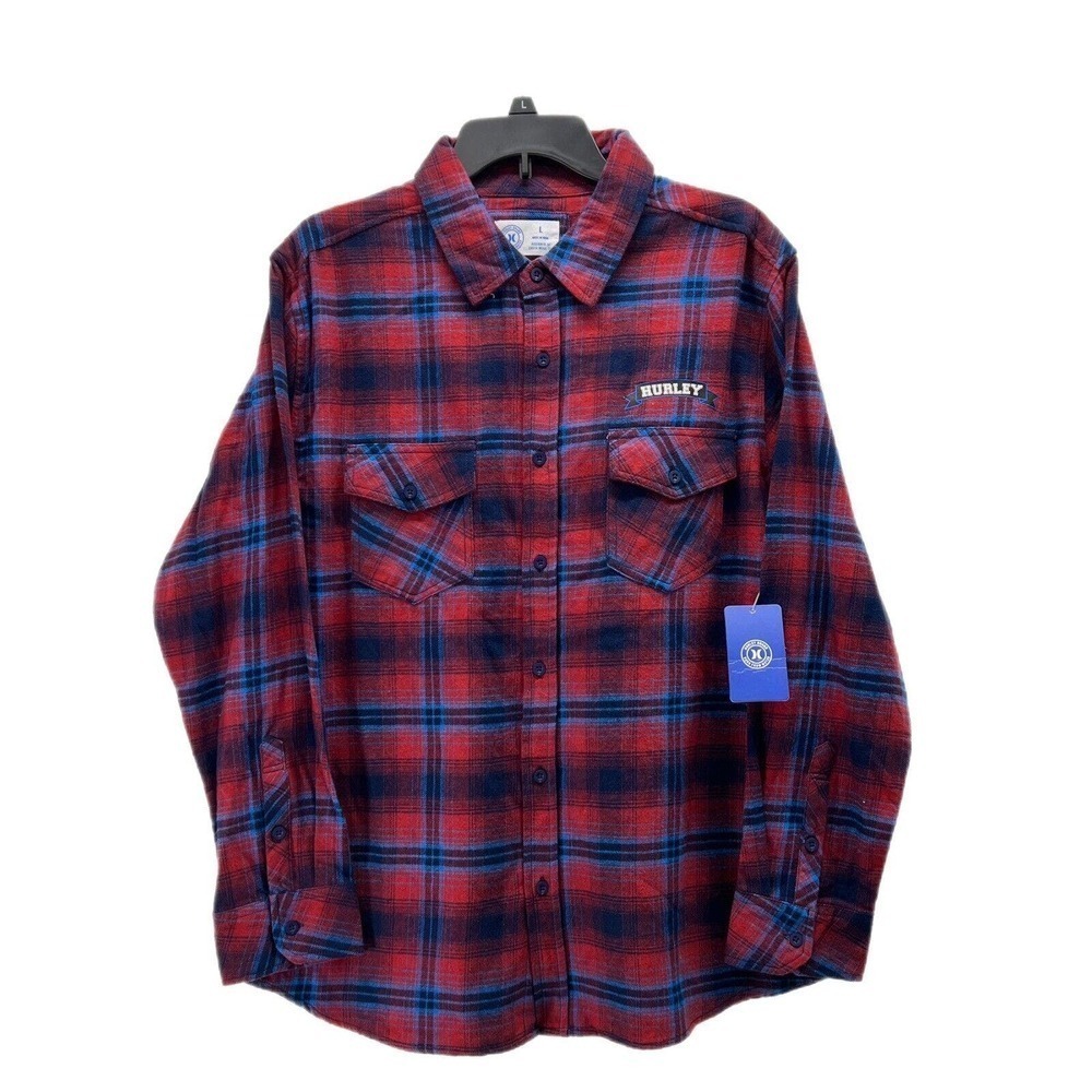 Hurley Shirt Mens LARGE Red & Blue Plaid Flannel Button Up Front Pockets Logo
